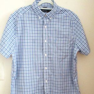 Nautica Men's Short Sleeve, Button Down Shirt, Cotton, Blue Check, Size M